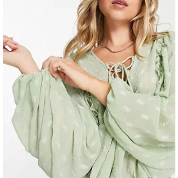 New ~ ASOS ~ Dobby Long Sleeve Blouse With Lace Up Front & Peplum Hem Size 10 - Picture 7 of 7